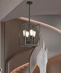 Black Classic Foyer Chandelier 4 Light Farmhouse Pendant Lighting For Kitchen Dining Room And Entryway With Square Cage Shades