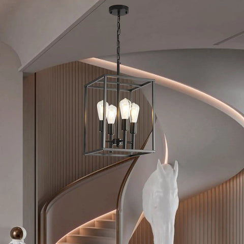 Black Classic Foyer Chandelier 4 Light Farmhouse Pendant Lighting For Kitchen Dining Room And Entryway With Square Cage Shades