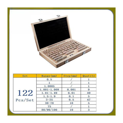 122 Piece HSS Gauge Block Set Dead On Accurate 0.001mm Calibrations For Woodworking Routers And Table Saws in wooden case with layout.