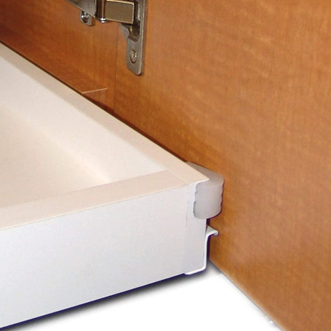 Self Adhesive Drawer Bumper Translucent 10 Pack for Cabinets and Rollout Shelves, installed on cabinet corner, no screws needed