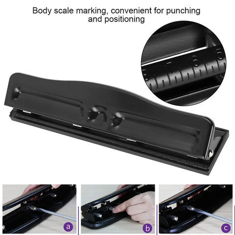 Ultra Compact 4 Hole Paper Punch for A4 refills with scale markings and user adjustments, 6mm hole diameter, 10 sheet capacity, black
