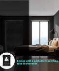 Portable 100 Percent Blackout Window Curtain Shade for bedroom showing darkened room with silver insulated back.