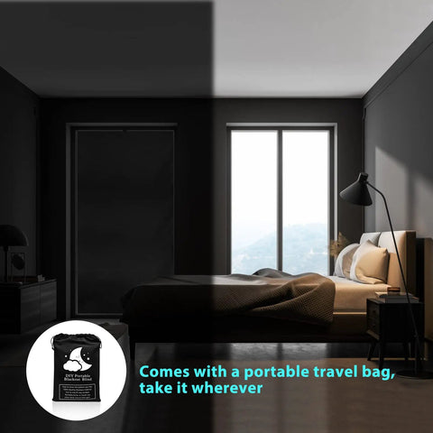 Portable 100 Percent Blackout Window Curtain Shade for bedroom showing darkened room with silver insulated back.
