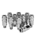 Ten pack of Five In One Universal Quick Connect Coupler One Quarter Inch MNPT Plugs into all major interchanges, metallic finish