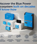 SmartSolar MPPT Charge Controller 150V 60A Built To Harvest Energy displayed with other blue power ecosystem components