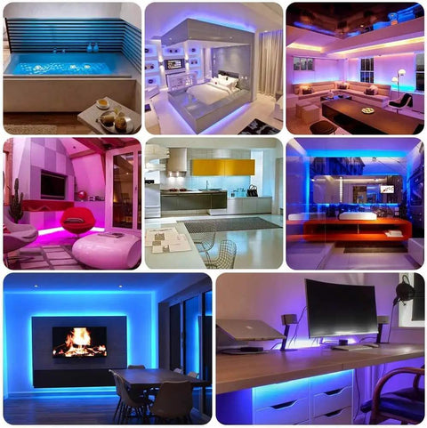 Living room and bedroom decor with 66Ft RGB LED Strip Lights featuring 600 high-density LEDs, music sync, remote Bluetooth app control