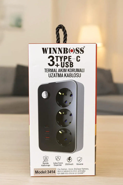 6.5 Foot Extension Cord With Three AC Outlets Two USB Type C Ports One USB Port Thermal Fuse Protection Surge Guard Power Strip Badass Performance For Home Office Daily Grind Black product packaging displayed on a wooden surface.