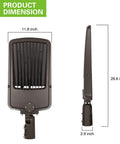 Dimensions of Switchable 240W 300W LED Parking Lot Light With Photocell Sensor shown, 11.8 x 26.6 x 2.9 inches.