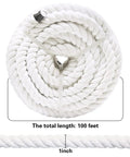 1 Inch White Cotton Rope 100 Feet Triple Stranded Natural Twisted Cord coiled with length and diameter labeled