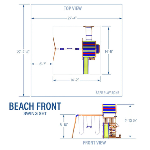 Dimensions and top and front view of Beachfront Cedar Wood Swing Set With Wave Slide Elevated Deck Canopy Monkey Bars
