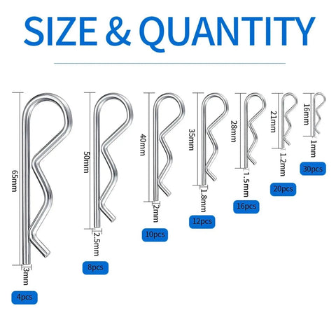R Clip Cotter Pins Set, Stainless Steel Assortment Kit With 200 300 And 500 Piece Packs, size chart with pin quantities
