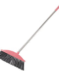 Long Handle Broom With Dense Stiff Bristles Heavy Duty Floor Sweeper Built For Yards Driveways Garages showing a pink and black broom.