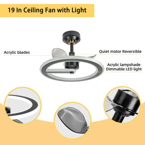 19 Inch Modern Ceiling Fan With Dimmable LED Light, Black Low Profile Ceiling Fan With 3 Reversible Blades And Two Down Rods