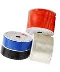 Heavy Duty PU Air Hose Tubing For Compressors Flexible Pneumatic Pipe Tube In Bright Blue with black, white, and red hoses stacked.