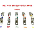Five PE New Energy Vehicle Fuses ranging from 15A to 50A, showcasing the Heavy Duty DC 450V EV Fuse 30 Amp High Voltage Circuit Protector.
