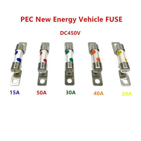Five PE New Energy Vehicle Fuses ranging from 15A to 50A, showcasing the Heavy Duty DC 450V EV Fuse 30 Amp High Voltage Circuit Protector.