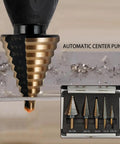 Step Drill Bits Set For DIYers And Pros Five Piece HSS Titanium Coated Step Drill Bit Kit With 50 Size Options shown in aluminum case