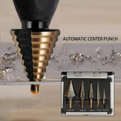Step Drill Bits Set For DIYers And Pros Five Piece HSS Titanium Coated Step Drill Bit Kit With 50 Size Options shown in aluminum case