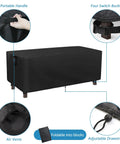 Heavy Duty Waterproof Patio Table Cover 56L x 32W x 28H Inches, showing features like portable handle and air vents.
