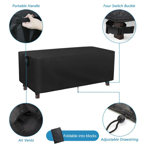 Heavy Duty Waterproof Patio Table Cover 56L x 32W x 28H Inches, showing features like portable handle and air vents.