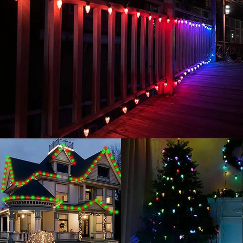 Outdoor C9 Christmas Lights 134 Feet 150 LED, App Controlled, Music Sync, illuminating porch, house, and tree.
