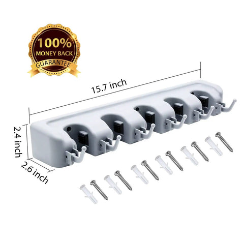 Wall Mounted Broom And Mop Holder With Six Hooks And Five Position Tool Organizer Rack For Home Kitchen Garage And Garden Built Tough Heavy Duty ABS Construction Keeps Wet Mops And Rakes Secure, shown with dimensions and screws