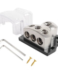 Beefy Three Way Ground Distribution Block For Car Audio Power With 0 Gauge Input And 4 Gauge Output Ports Heavy Duty Ground Splitter For Automotive Truck Boat And Marine Amp Install 1 Pack, silver block with cover
