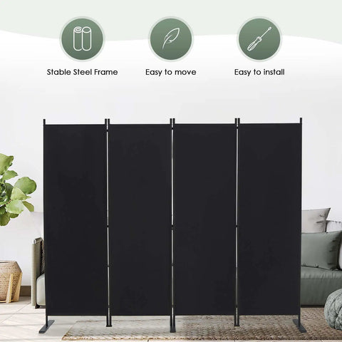 4 Panel Room Divider Freestanding Privacy Screen 6 Ft Folding Partition With Wide Feet Portable Black Steel Frame 89 Inch Wide 71 Inch High Easy Setup No Brainer Stability Rust Resistant For Home Office Dorm setup in a living room