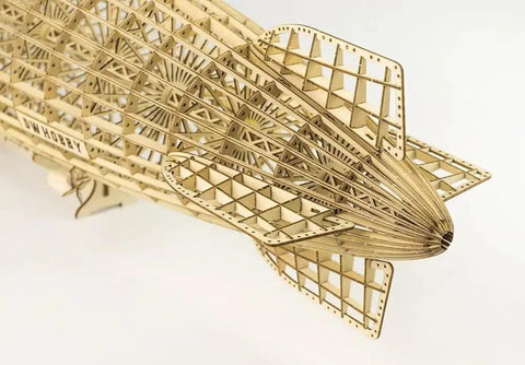 Close-up of tail section of 1:408 Hindenburg Zeppelin 3D Wooden Model Kit With Display Case, Laser Cut Balsa Wood Build For Beginners.