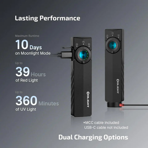 Dual charging ArkPro Lite Flat Pocket Flashlight with 1200 Max Lumens, USB-C, showing runtime details and charging cable plugged in.