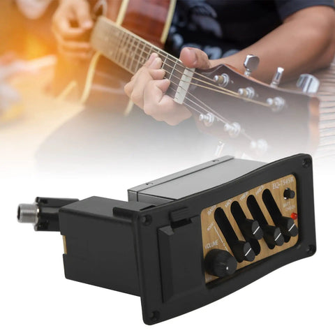 Acoustic Guitar Preamp With 4 Band EQ Equalizer Onboard Pickup System In Wood Grain Finish, with adjustable knobs, for live gigs.