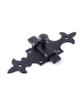 Rock Solid Black Powder Coated Wrought Iron French Quarter Slide Bolt Cabinet Latch Lock Five And One Half Inches, side view with locking mechanism.