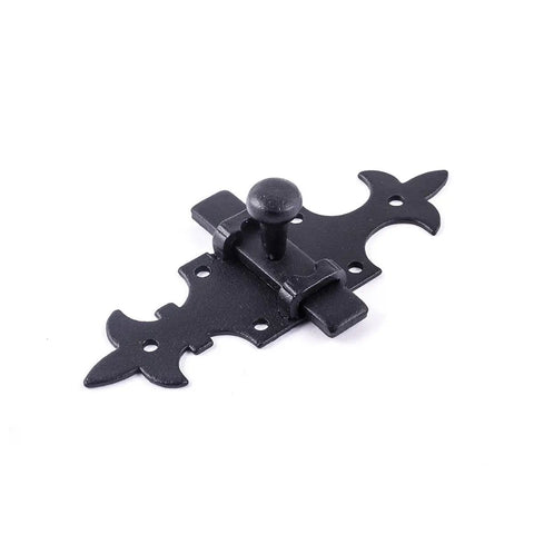 Rock Solid Black Powder Coated Wrought Iron French Quarter Slide Bolt Cabinet Latch Lock Five And One Half Inches, side view with locking mechanism.