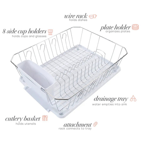 3 Piece Dish Rack Set with Cutlery Basket and Drainboard Tray Self Draining Open Wire Countertop Drying Rack in Chrome White