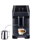 Real Deal Fully Automatic Espresso Machine With Solid Built In Grinder And Touchscreen Controls Quick Clean System brewing a latte.