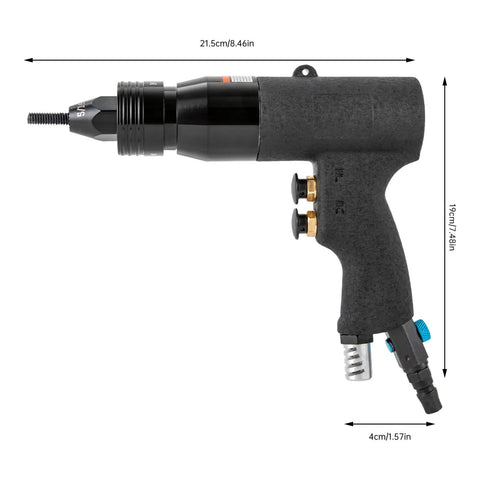 Side view of Pneumatic Rivet Nut Gun Set for 10-24 and 1/4, 5/16, 3/8 inch rivnuts, durable metal construction, air tool.