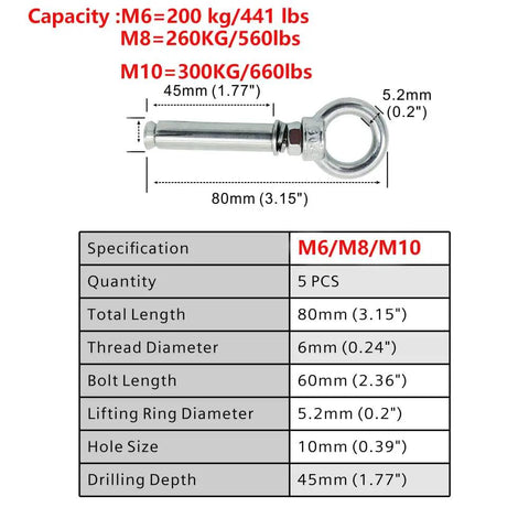 Tough As Nails 304 Stainless Steel Concrete Anchors 1/4 Inch By 2-3/4 Inch Heavy Duty Eye Bolts And Ring Screw Hooks For Secure Wall Mounts And Masonry 5 Piece Set