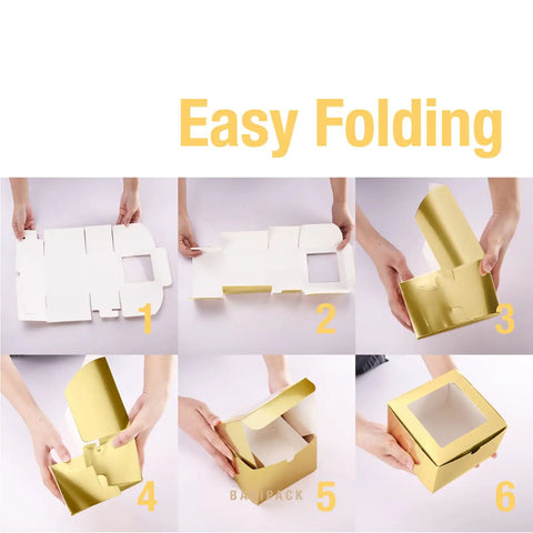 Premium Gold Bakery Boxes With Clear Window, 25 Pack Of 5x5x3.5 Inch Cake Containers Keep Cupcakes And Pies Looking Dope, Solid Food Grade Shipping Supplies For Small Business Owners To Sell Sweet Treats Today