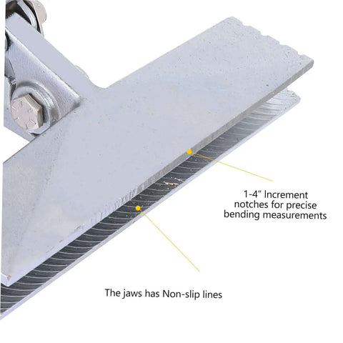 Close-up of Multifunctional Hand Seamer Tool for Ductwork with non-slip handle and increment notches for precise bending.