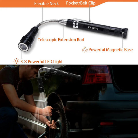 Magnetic Telescoping Pickup Tool Set with LED light and flexible neck in use for car repair