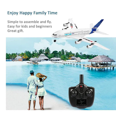 3CH 2.4GHz RC Airplane With EPP Fixed Wing Ready To Fly Model Plane for Adults over beach with remote controller visible
