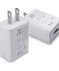 UL Listed 5V 2A USB Wall Charger 2 Pack Fast Charging Plug For iPhone And Apple Watch Travel Ready Go To Compact Block Cube Works Worldwide 100-240V Great For Home Office Or On The Go., white USB wall charger plug pair with US prongs and single port