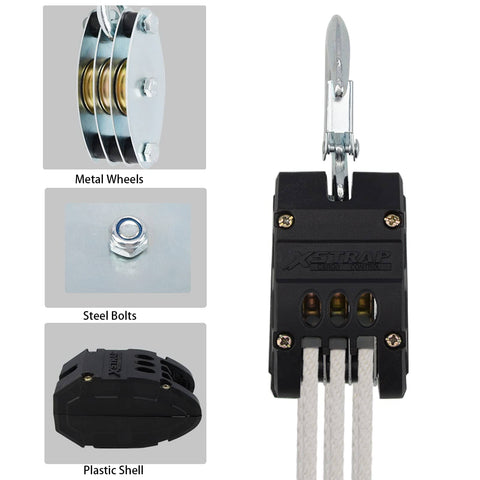 Rope Hoist 50 Ft 5 To 1 Block And Tackle Pulley System for Lifting Heavy Objects, zinc plated steel hook, metal pulley wheels.