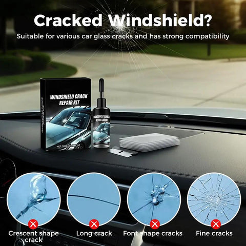 Windshield Crack Repair Kit For Cars 2026 Edition with repair liquid, curing film, and images of crack types on car dashboard