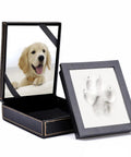 Paw Print Keepsake Kit For Dogs And Cats, Easy No Knead Aluminum Mold With Black Leather Display Box, dog photo in open box