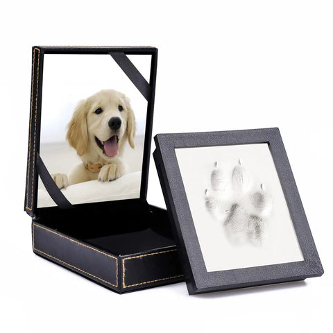 Paw Print Keepsake Kit For Dogs And Cats, Easy No Knead Aluminum Mold With Black Leather Display Box, dog photo in open box