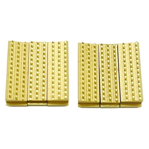 Heavy Duty Beefed Up Gripper Set P32.1222 P32.1223 P32.1224 for P322 P324 P318 Battery Powered Plastic Strapping Tool Durable Replacement Parts Easy Fit Pro Quality Performance Keeps Your Tool Running Strong. Gold metal gripper set, two-piece close-up