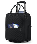 Underseat Carry On Luggage With Wheels 16-Inch Softside Rolling Bag Airline Approved Lightweight Durable Overnight Travel Bag For Women And Men Black Go-To Everyday Use, showing front pocket with passport and boarding pass