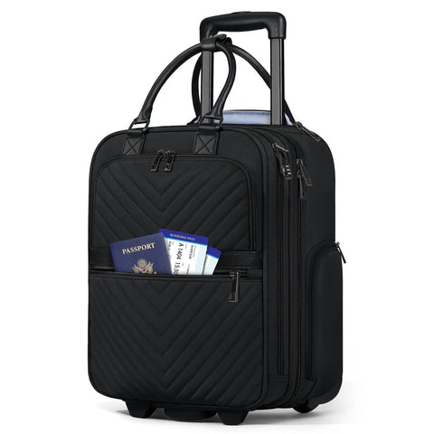 Underseat Carry On Luggage With Wheels 16-Inch Softside Rolling Bag Airline Approved Lightweight Durable Overnight Travel Bag For Women And Men Black Go-To Everyday Use, showing front pocket with passport and boarding pass