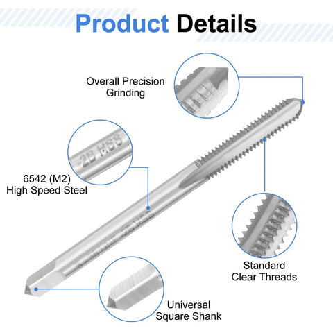 Close-up of Kickass High Speed Steel Hand Tap Set For Number 8-36 Unf Threads showing precision-ground M2 steel and square shank.